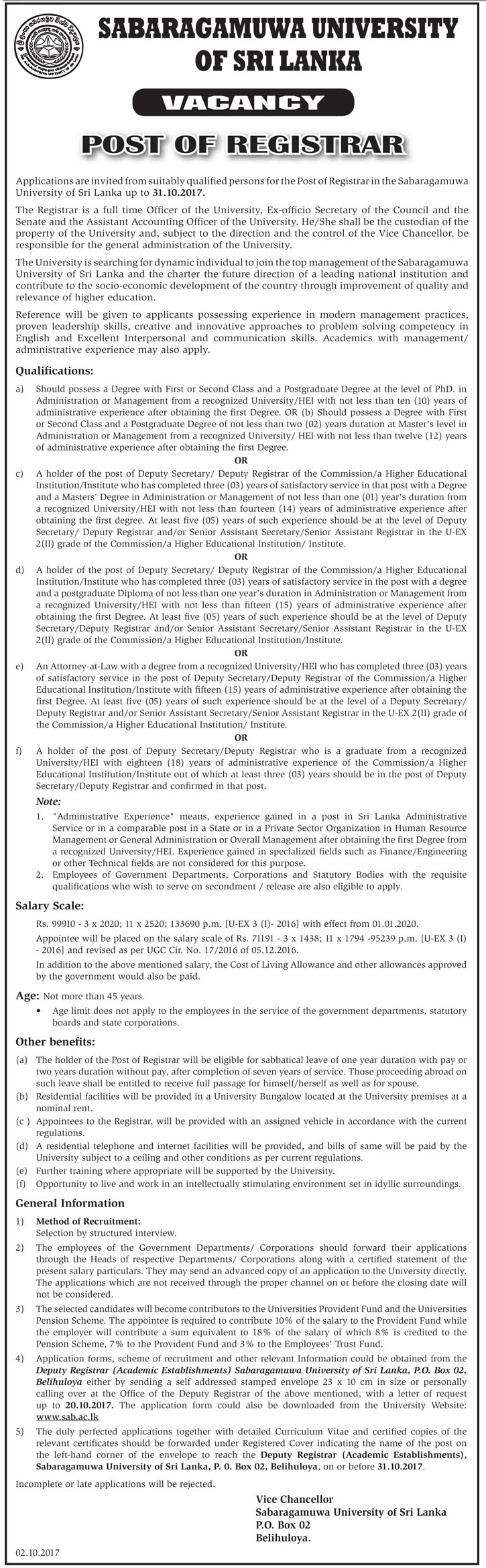 Registrar - Sabaragamuwa University